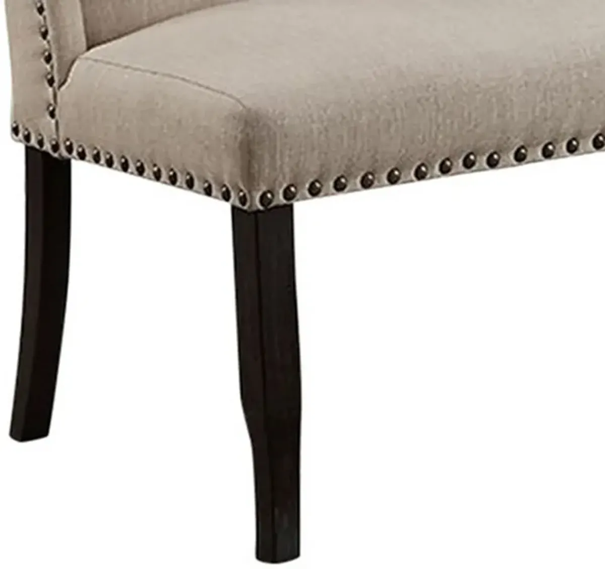 Nailhead Trim Fabric Upholstered Wing Back Wooden Bench, Beige and Black-Benzara