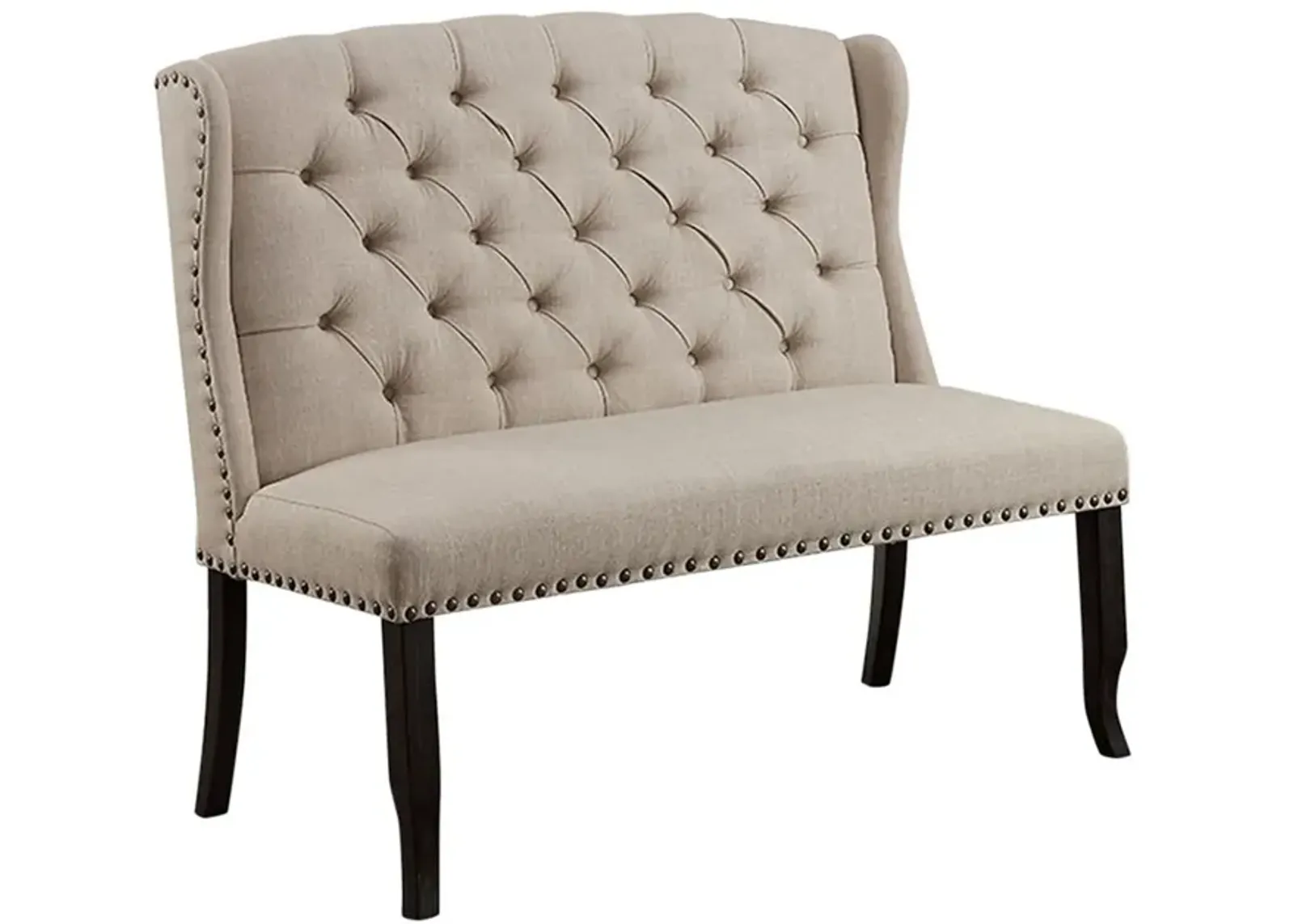 Nailhead Trim Fabric Upholstered Wing Back Wooden Bench, Beige and Black-Benzara