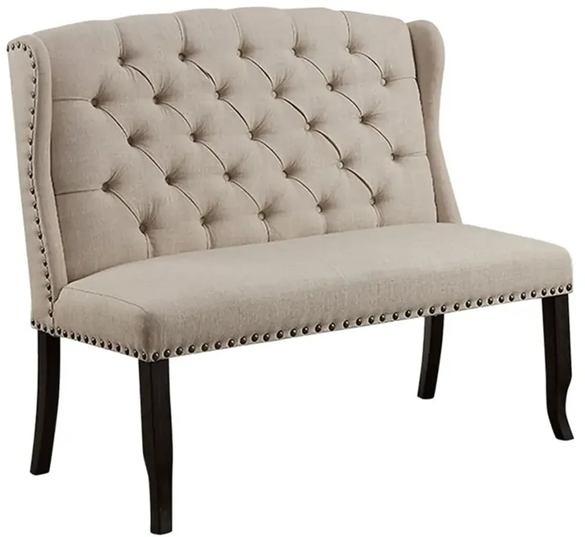 Nailhead Trim Fabric Upholstered Wing Back Wooden Bench, Beige and Black-Benzara