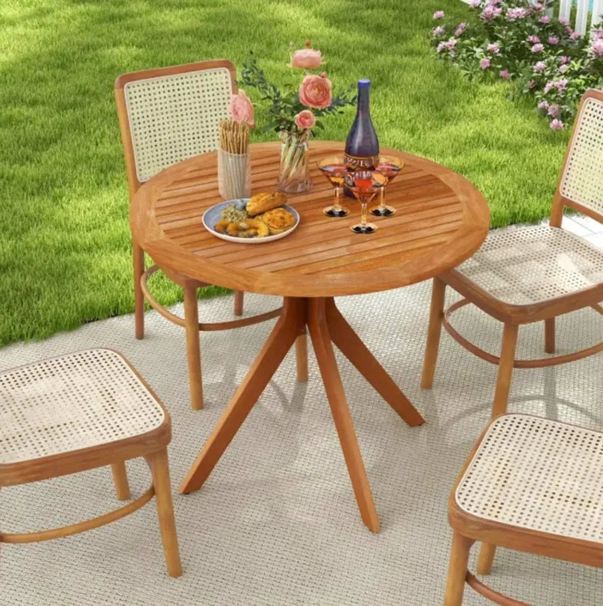 Hivvago 35.5 Inch Patio Wood Dining Table with Slatted Tabletop and Curved Legs