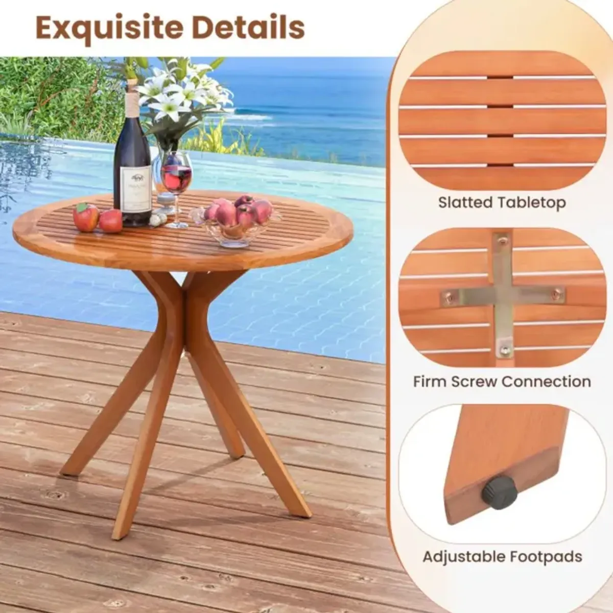 Hivvago 35.5 Inch Patio Wood Dining Table with Slatted Tabletop and Curved Legs