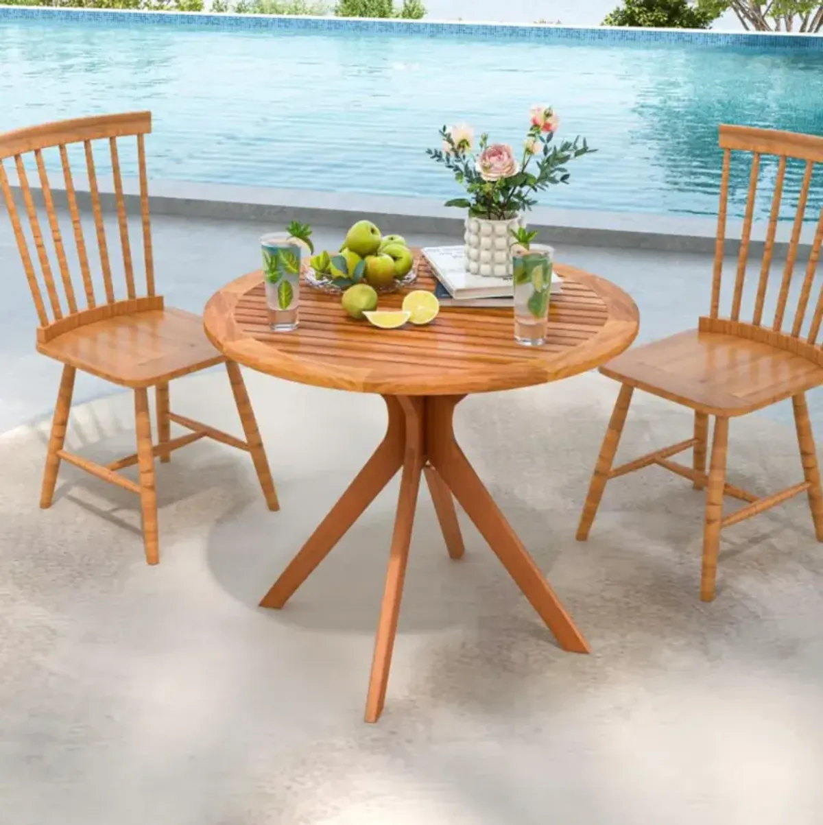 Hivvago 35.5 Inch Patio Wood Dining Table with Slatted Tabletop and Curved Legs