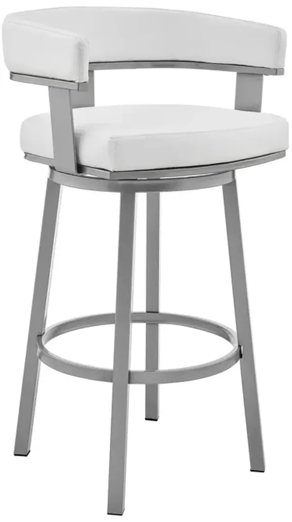 Cohen Bar Height Swivel Bar Stool in Silver Finish with White Faux Leather