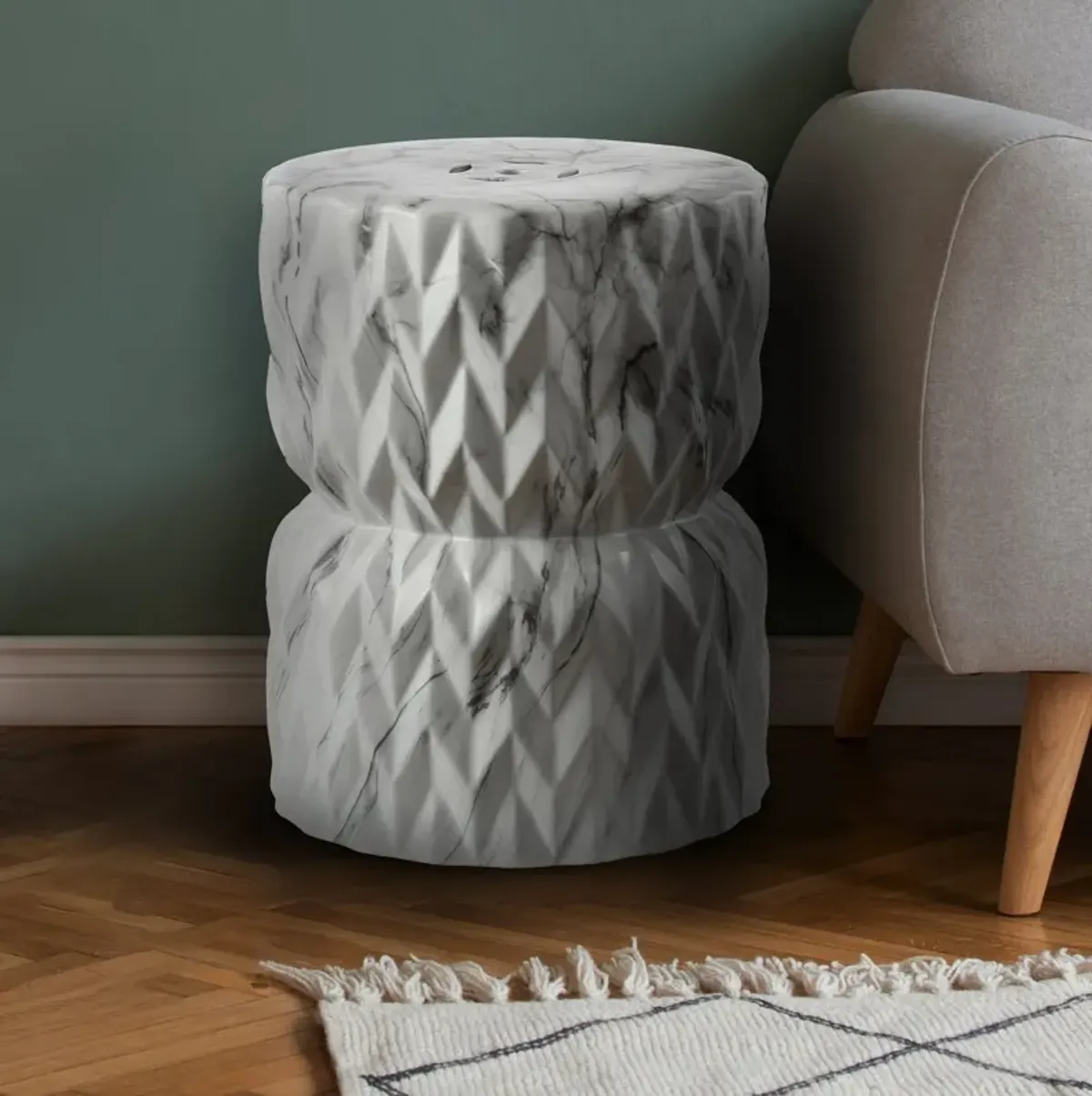 Chevron Drum White Marble Finish Ceramic Garden Stool