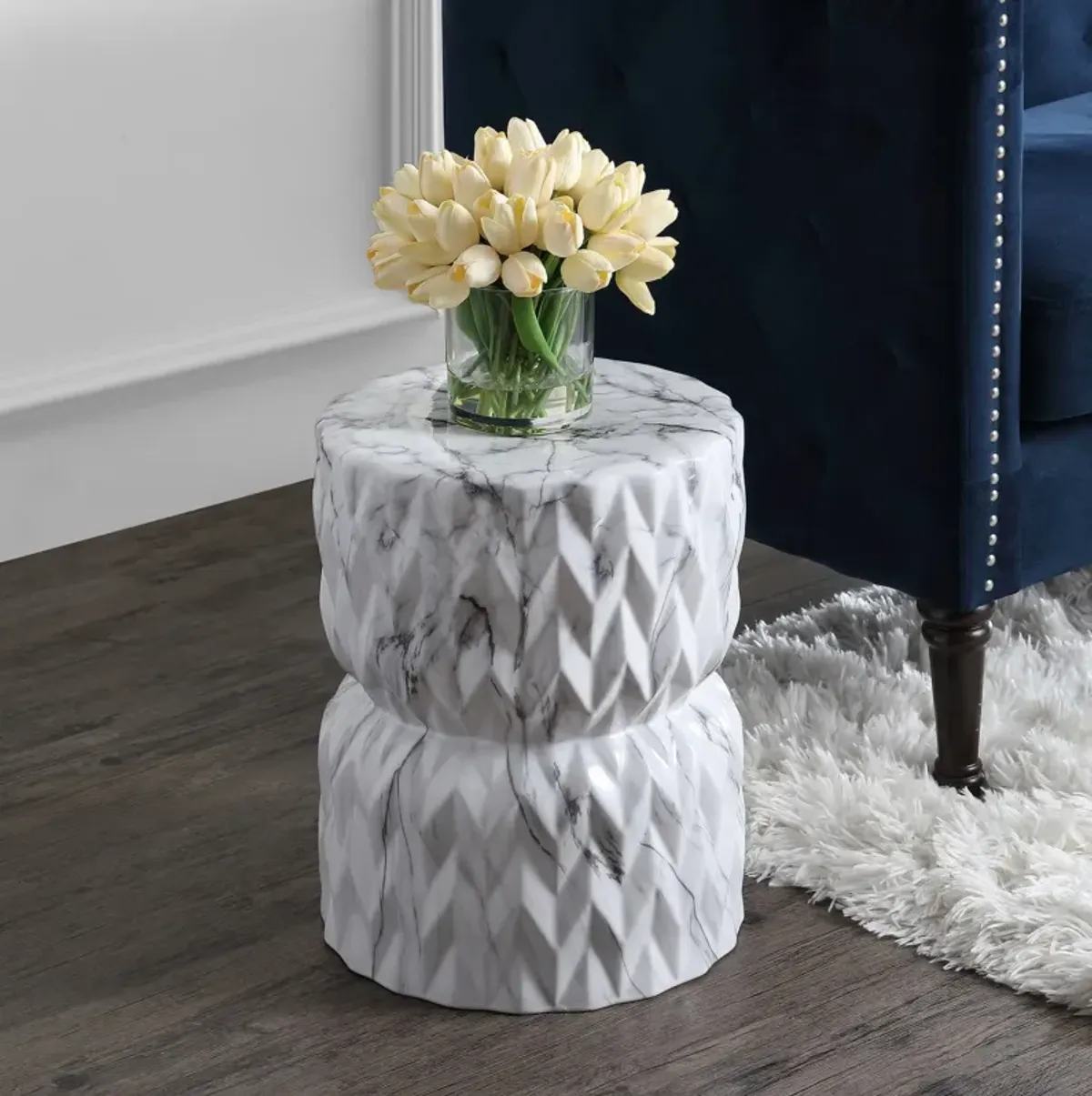 Chevron Drum White Marble Finish Ceramic Garden Stool