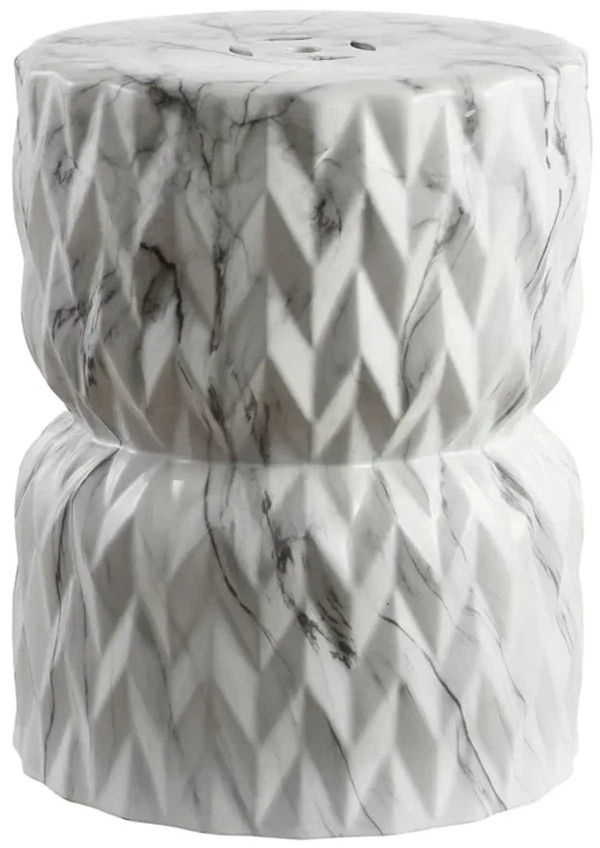 Chevron Drum White Marble Finish Ceramic Garden Stool