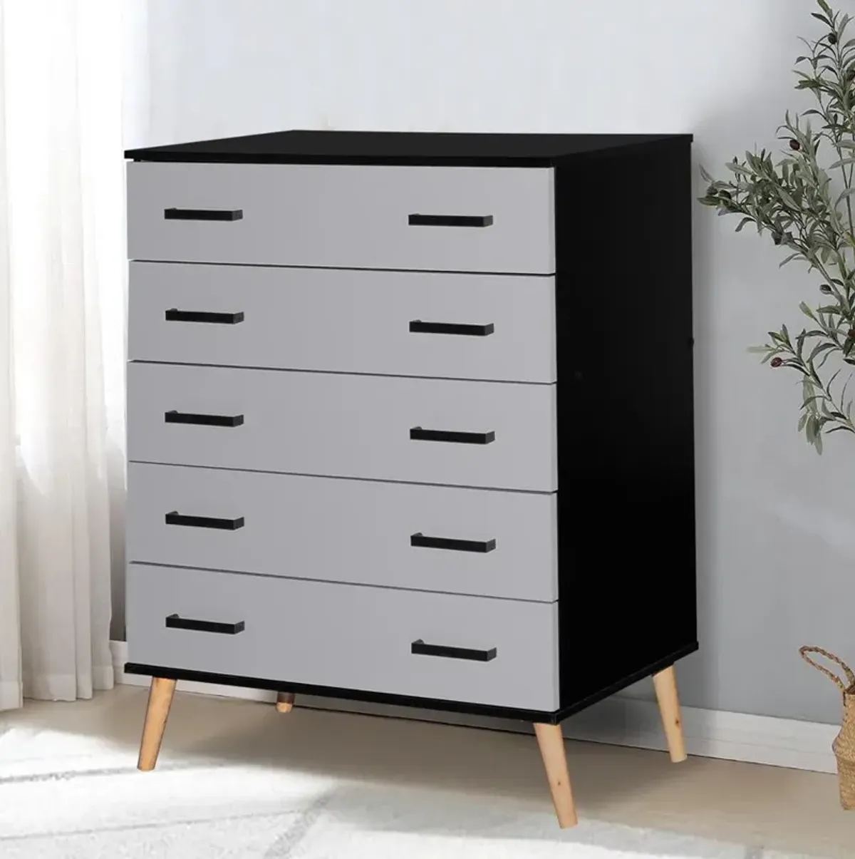 Better Home Products Eli Mid-Century Modern 5 Drawer Chest in Black & Light Gray