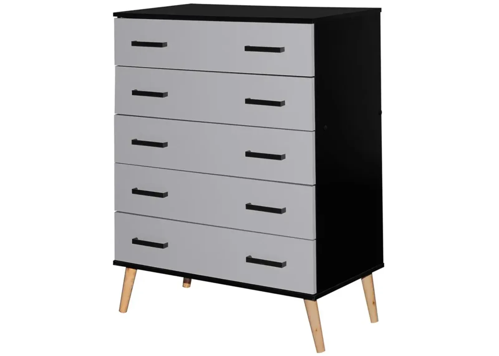 Better Home Products Eli Mid-Century Modern 5 Drawer Chest in Black & Light Gray