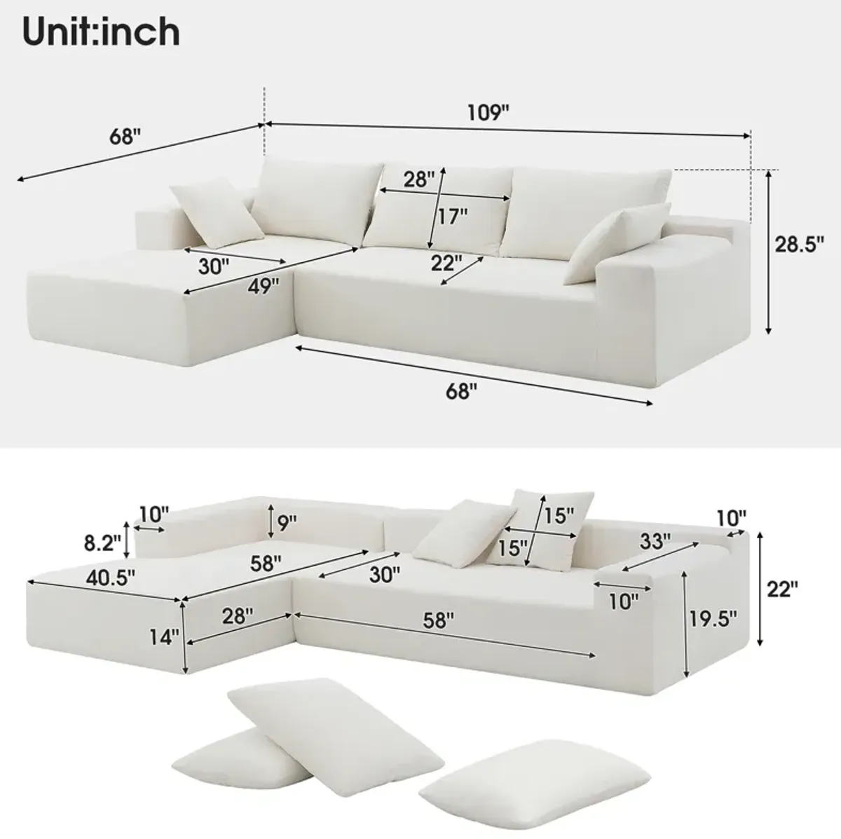 Gewnee Modular Sectional Living Room Sofa Set, Modern Minimalist Style Couch, Upholstered Compressed Sofa for Living Room，2 PC Free Combination, L-Shape, Cream