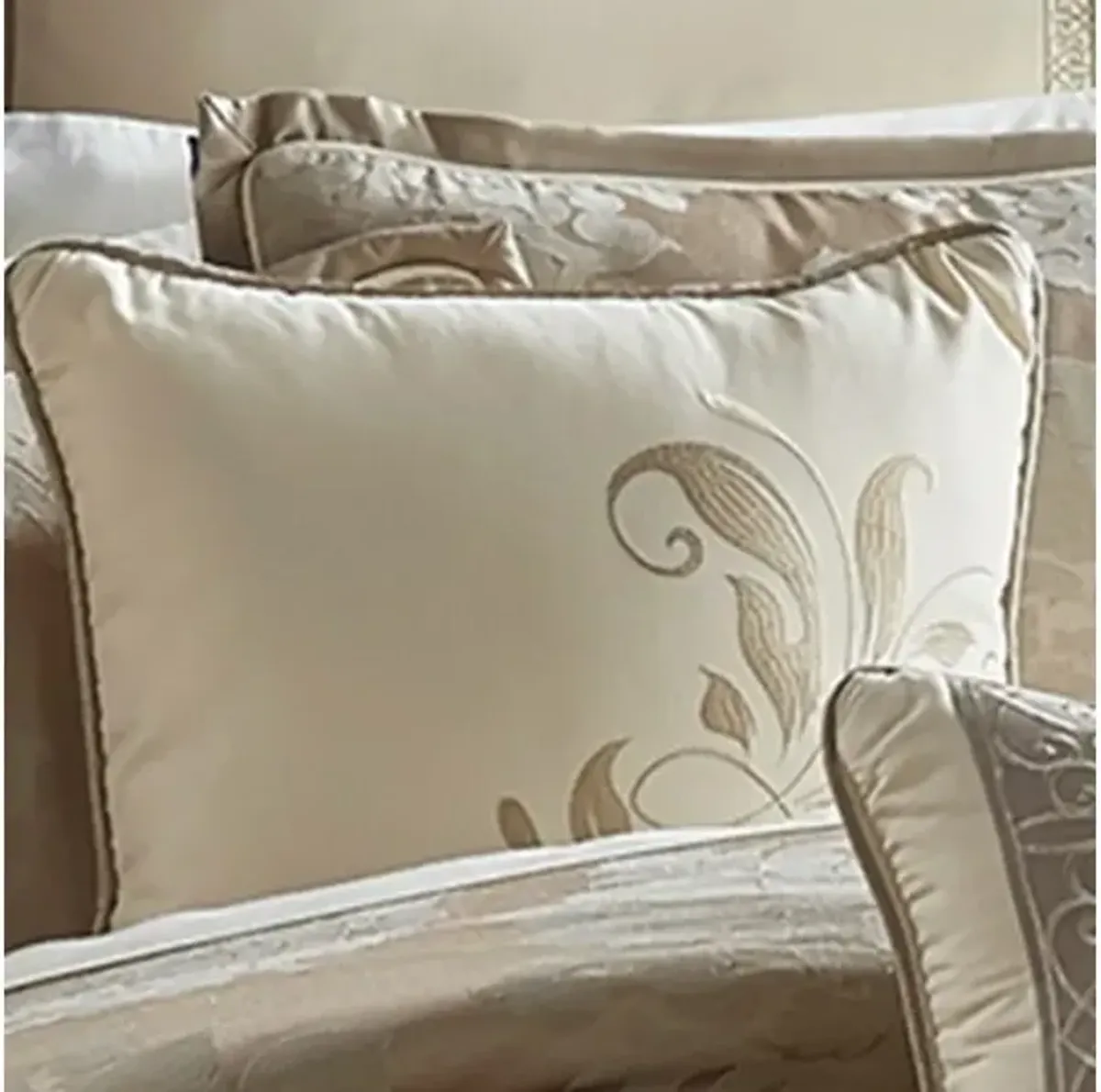 9 Piece Queen Polyester Comforter Set with Damask Print, Cream and Gold - Benzara