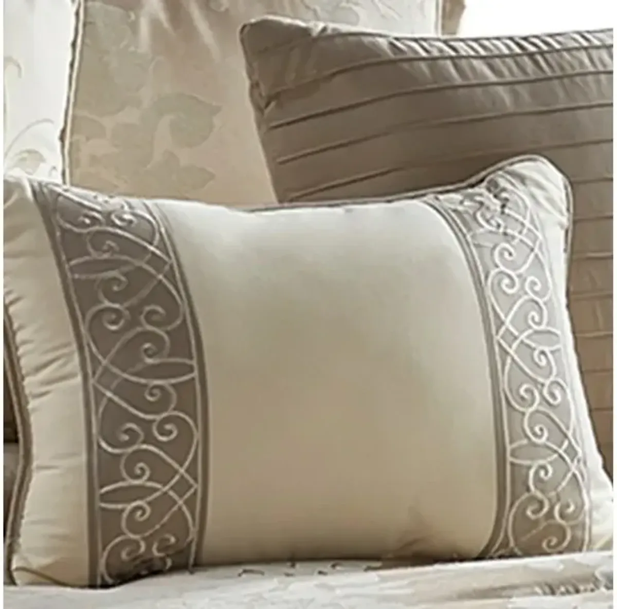 9 Piece Queen Polyester Comforter Set with Damask Print, Cream and Gold - Benzara