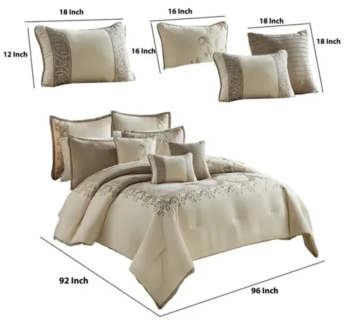 9 Piece Queen Polyester Comforter Set with Damask Print, Cream and Gold - Benzara