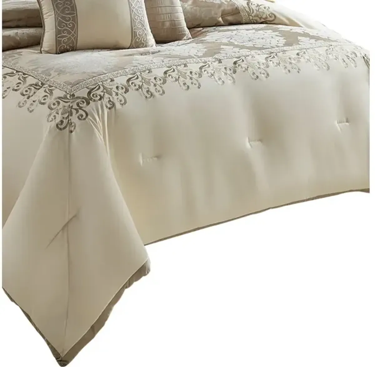 9 Piece Queen Polyester Comforter Set with Damask Print, Cream and Gold - Benzara