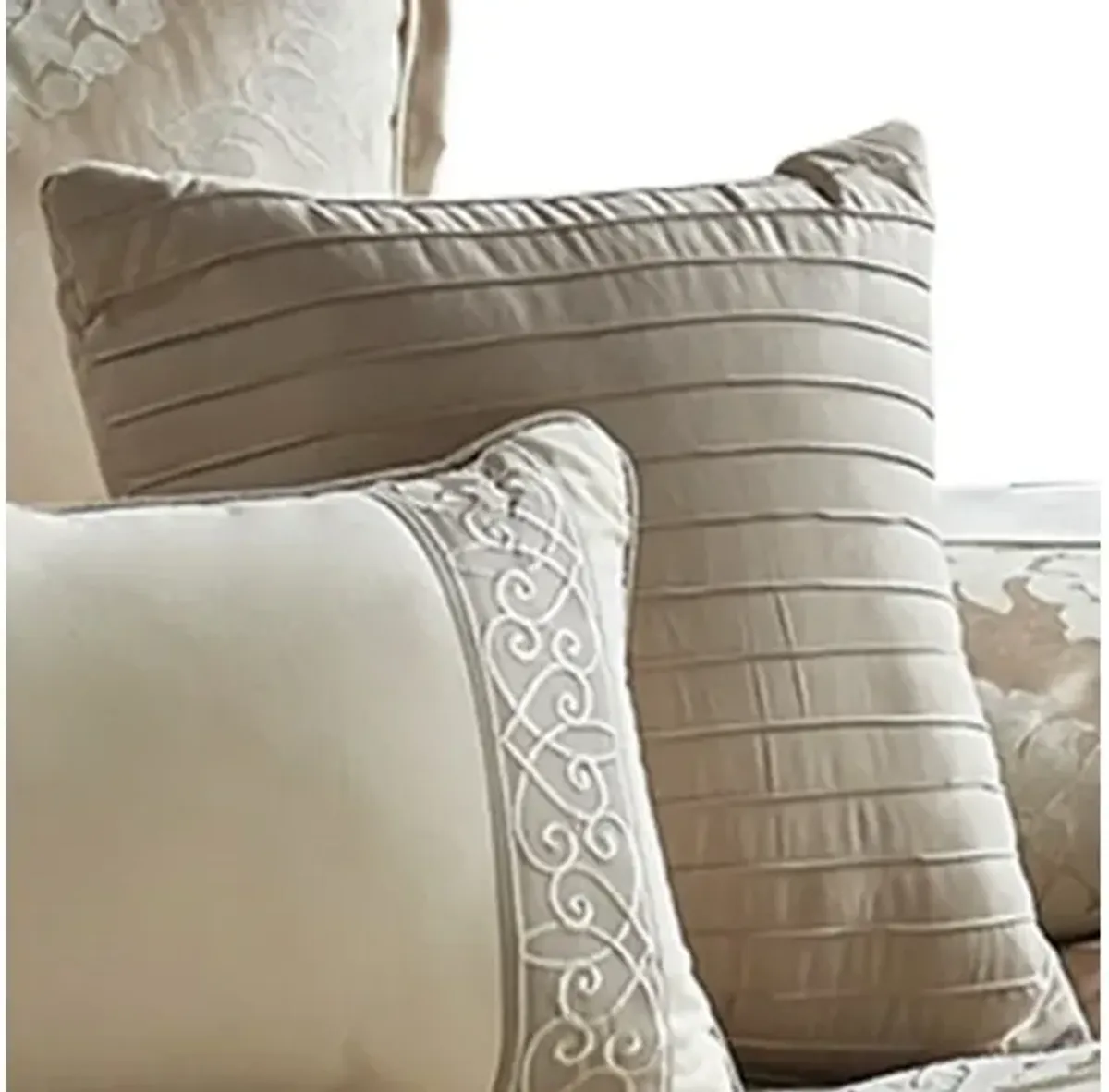 9 Piece Queen Polyester Comforter Set with Damask Print, Cream and Gold - Benzara