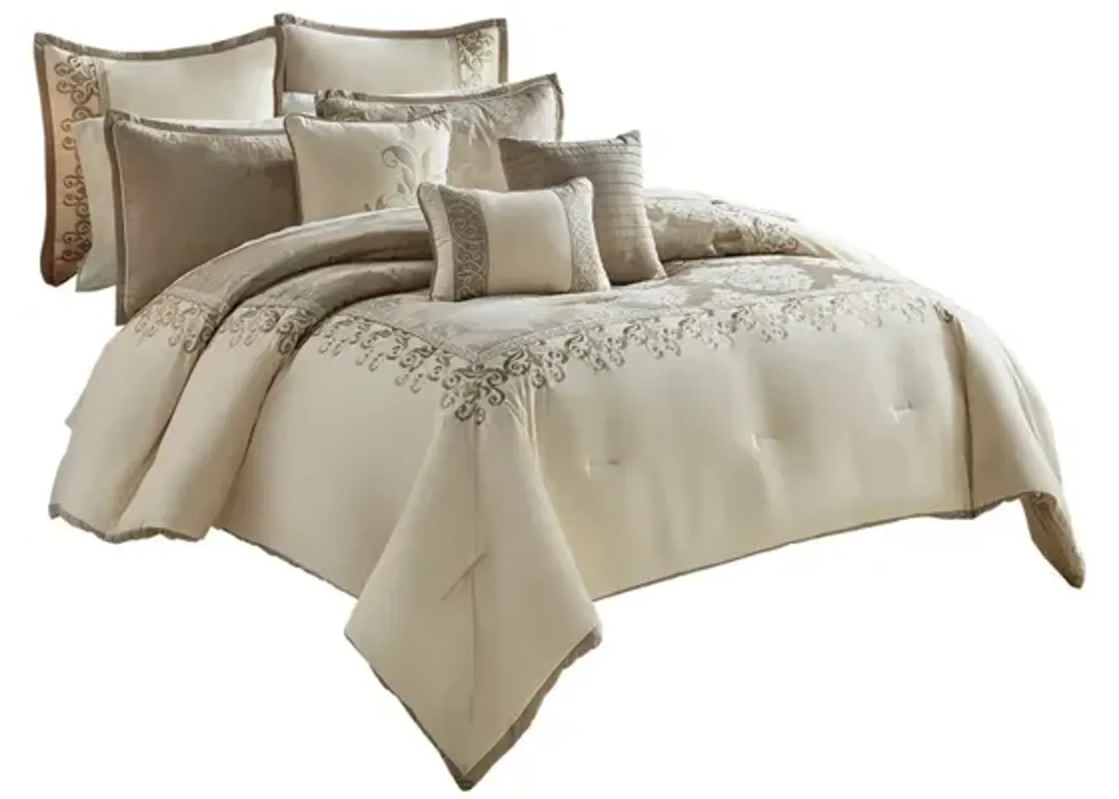 9 Piece Queen Polyester Comforter Set with Damask Print, Cream and Gold - Benzara