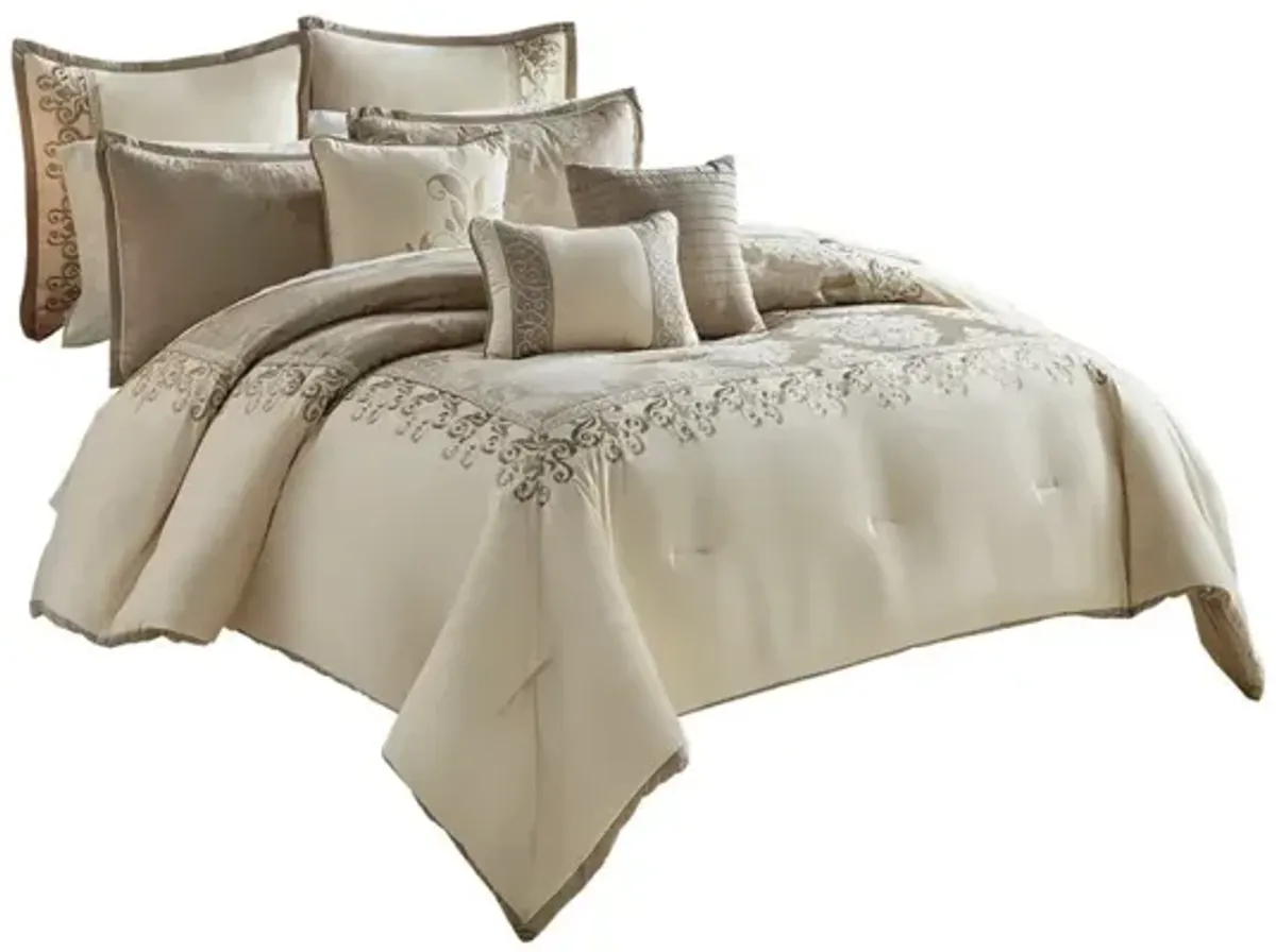 9 Piece Queen Polyester Comforter Set with Damask Print, Cream and Gold - Benzara