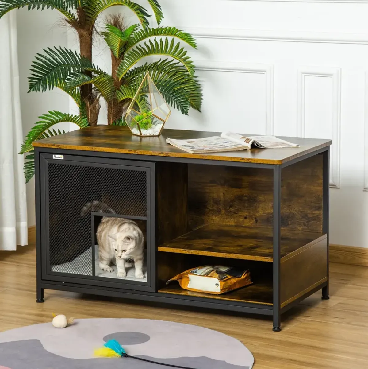 Rustic Brown Pet House: Cat Kennel End Table with Sliding Doors