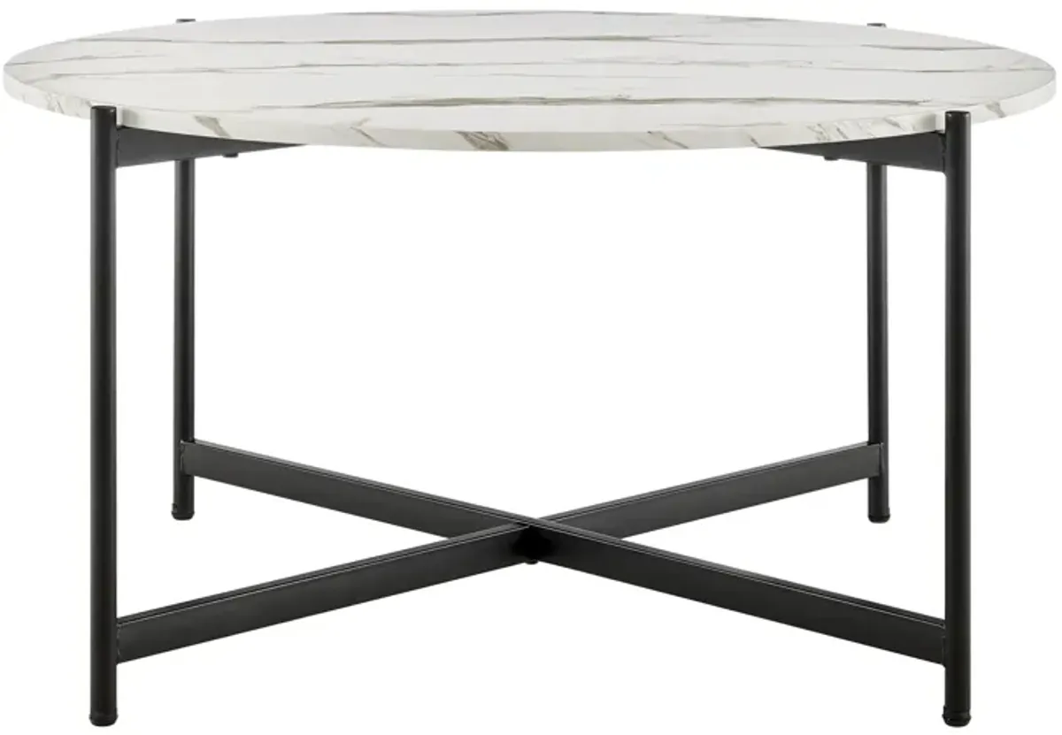 Round Contemporary Marble Finish Veneer Top Black Metal Large Coffee Table