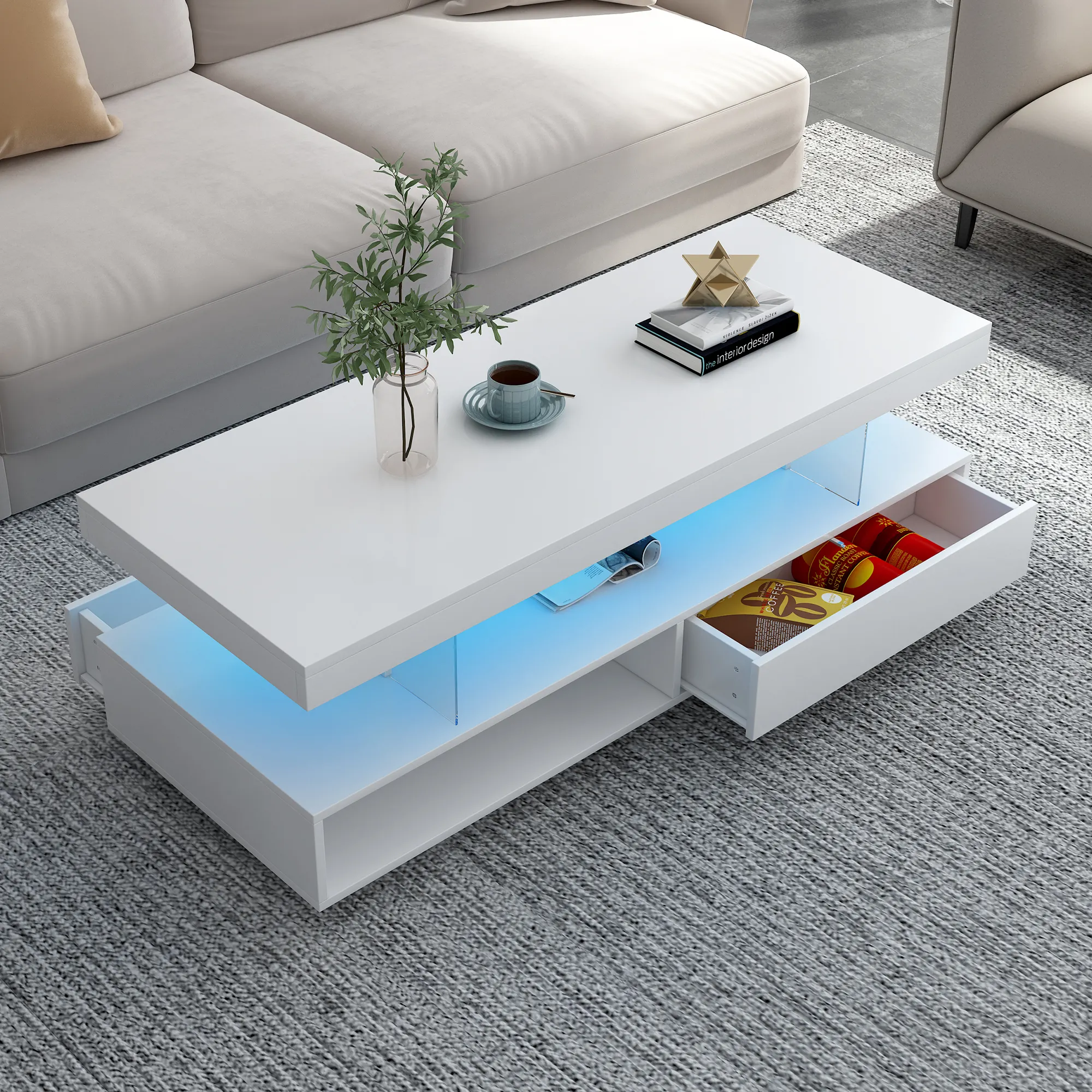 Merax Modern Center Table LED Coffee Table with Storage