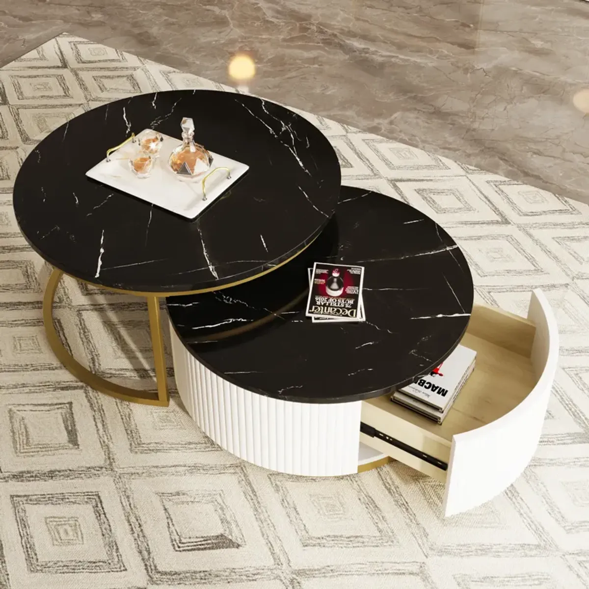 Merax Modern Round Nesting Coffee Table Fluted with Drawer