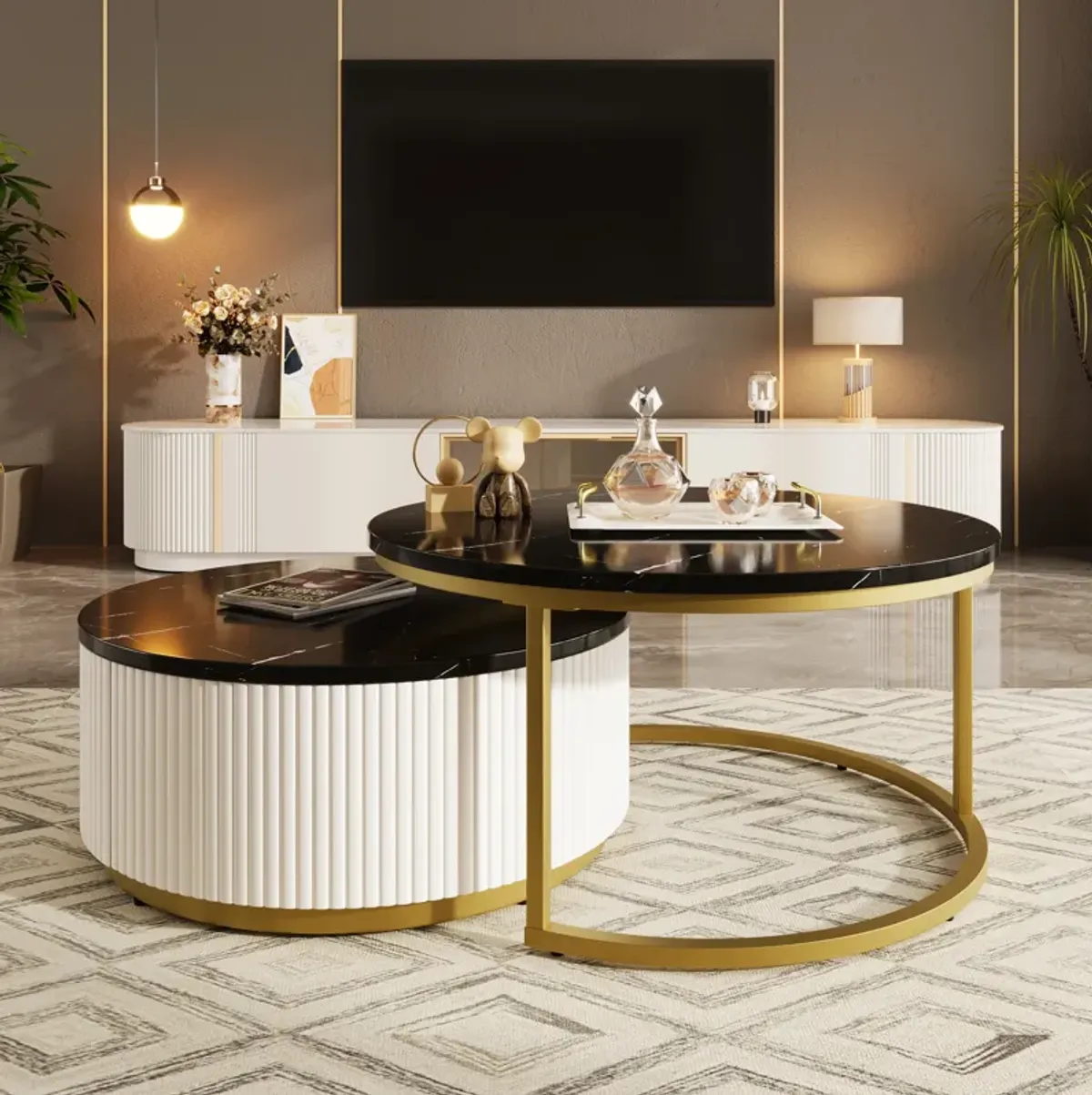 Merax Modern Round Nesting Coffee Table Fluted with Drawer