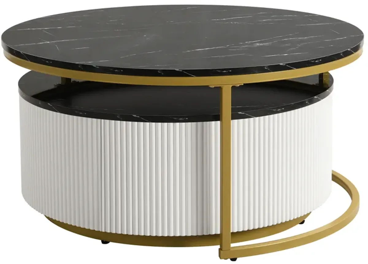 Merax Modern Round Nesting Coffee Table Fluted with Drawer