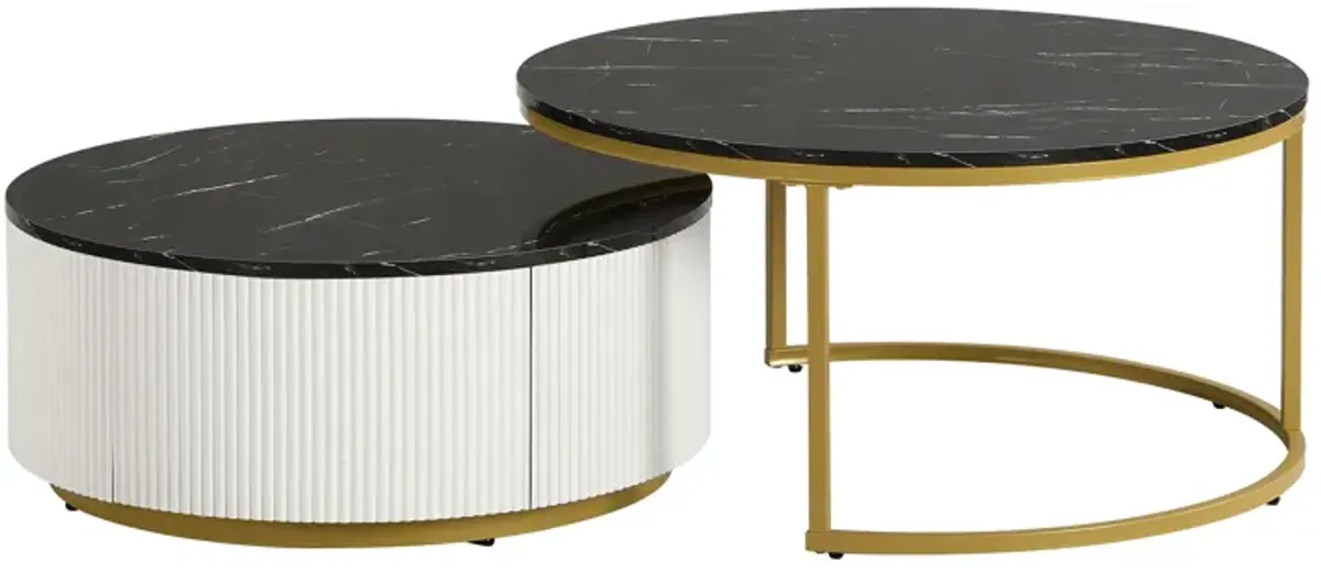 Merax Modern Round Nesting Coffee Table Fluted with Drawer