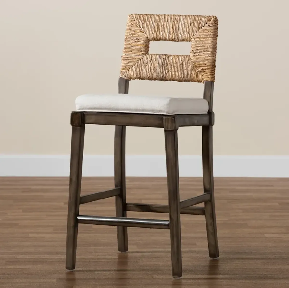 Bali & Pari Porsha Modern Dark Brown Finished Mahogany Wood and Natural Counter Stool