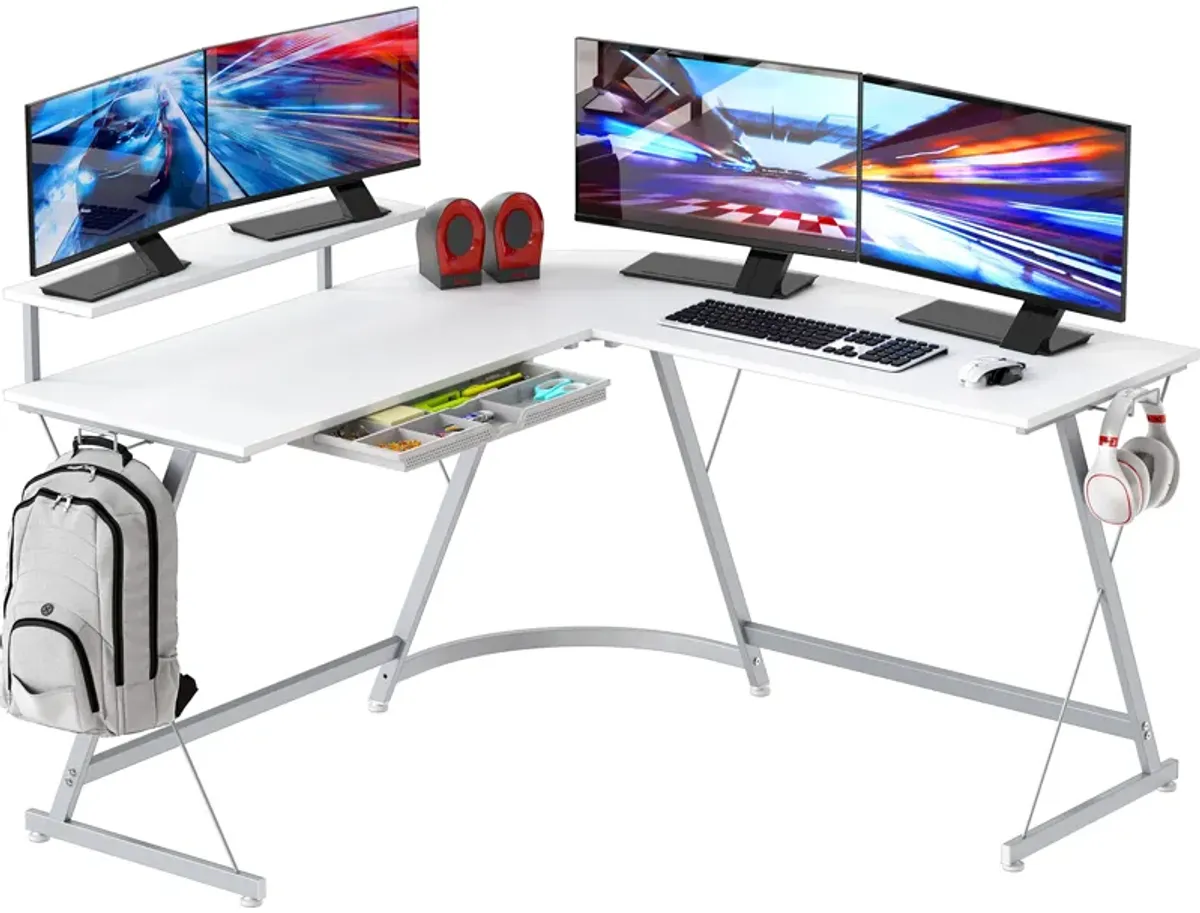SHW Vista L-Shape Desk with Monitor Stand, White
