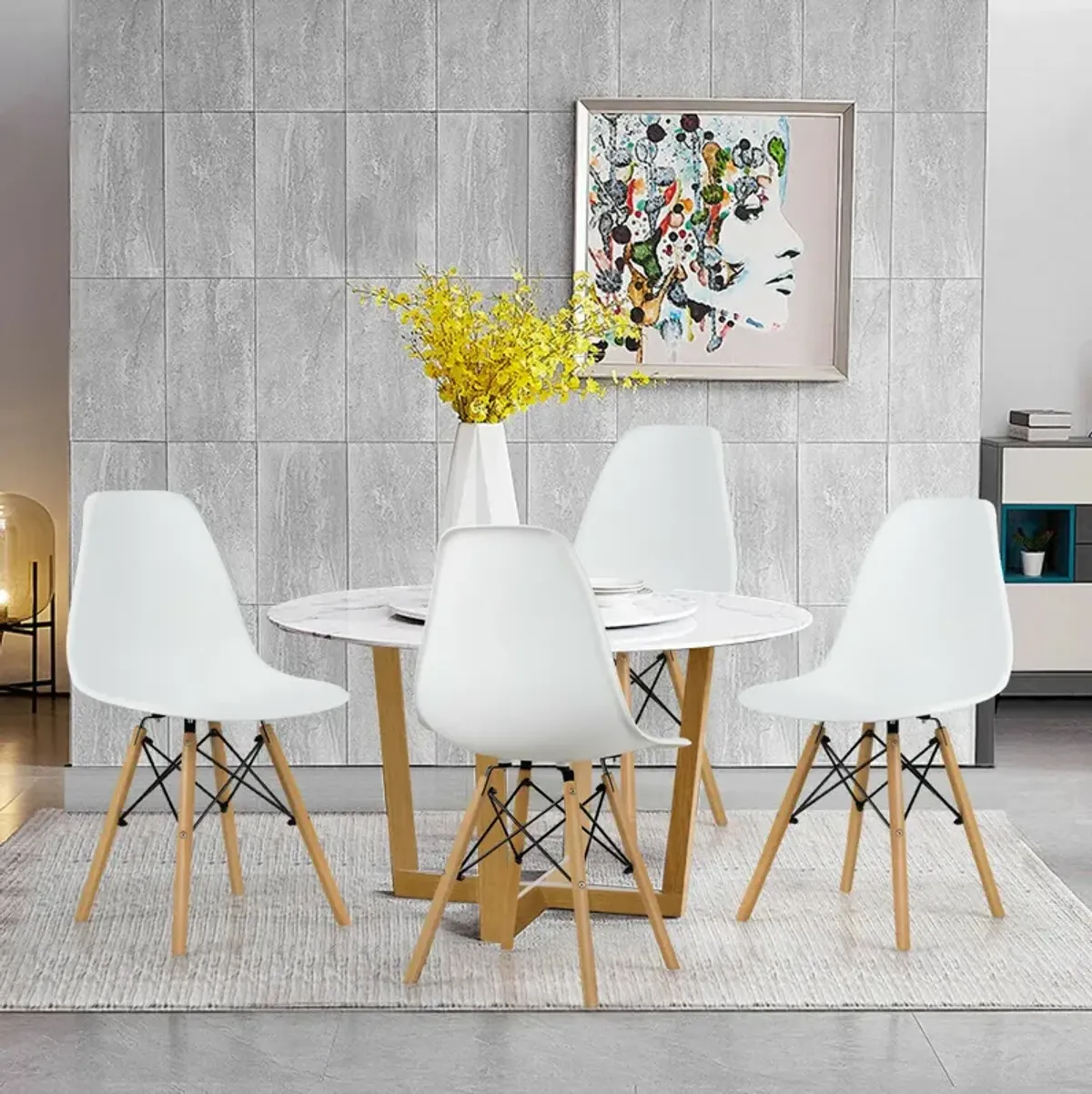 Costway Set of 4 Modern Dining Side Chair Armless Home Office w/ Wood Legs White