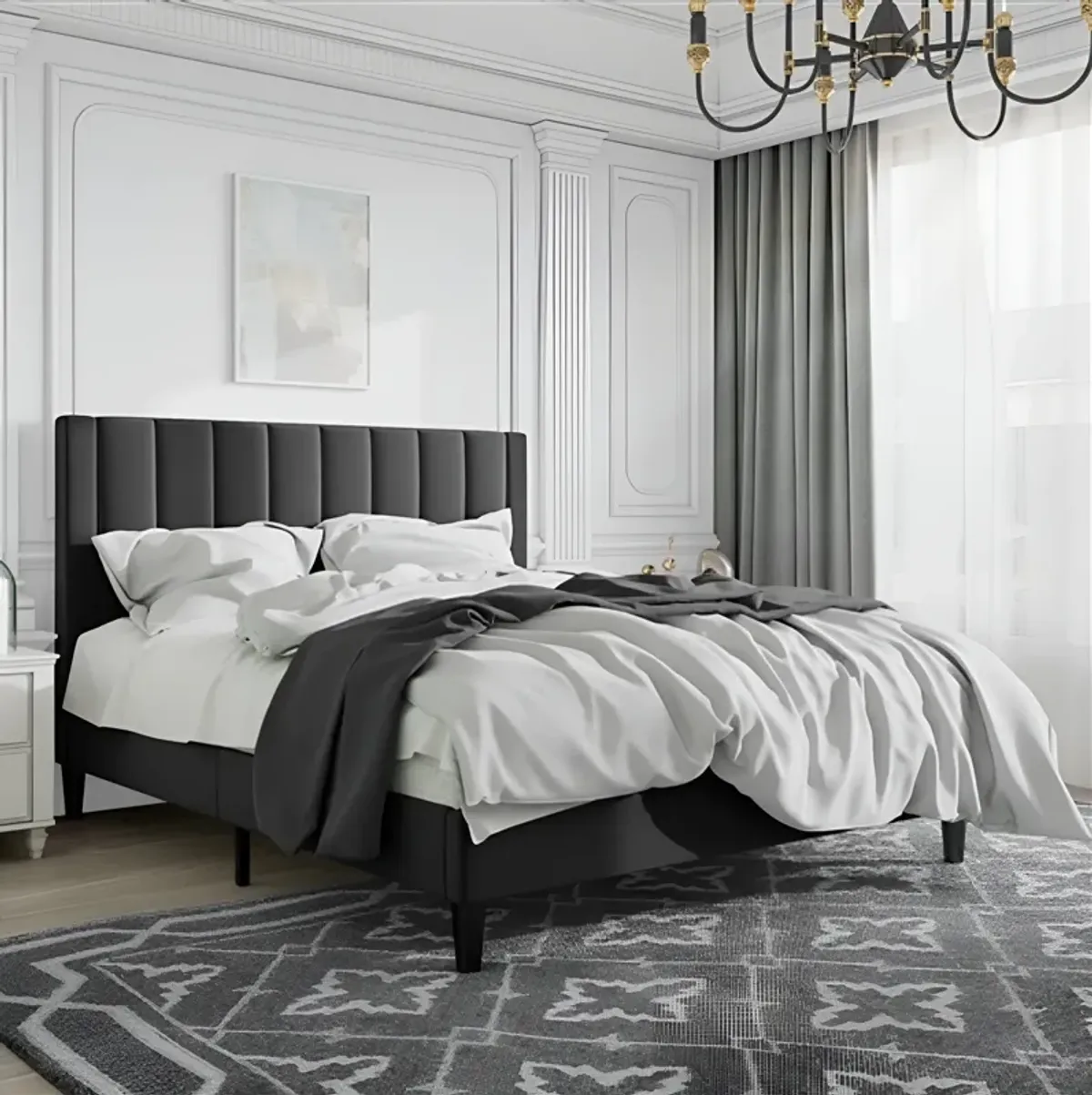 Velvet Upholstered Platform Bed with Headboard Stylish and Durable Design