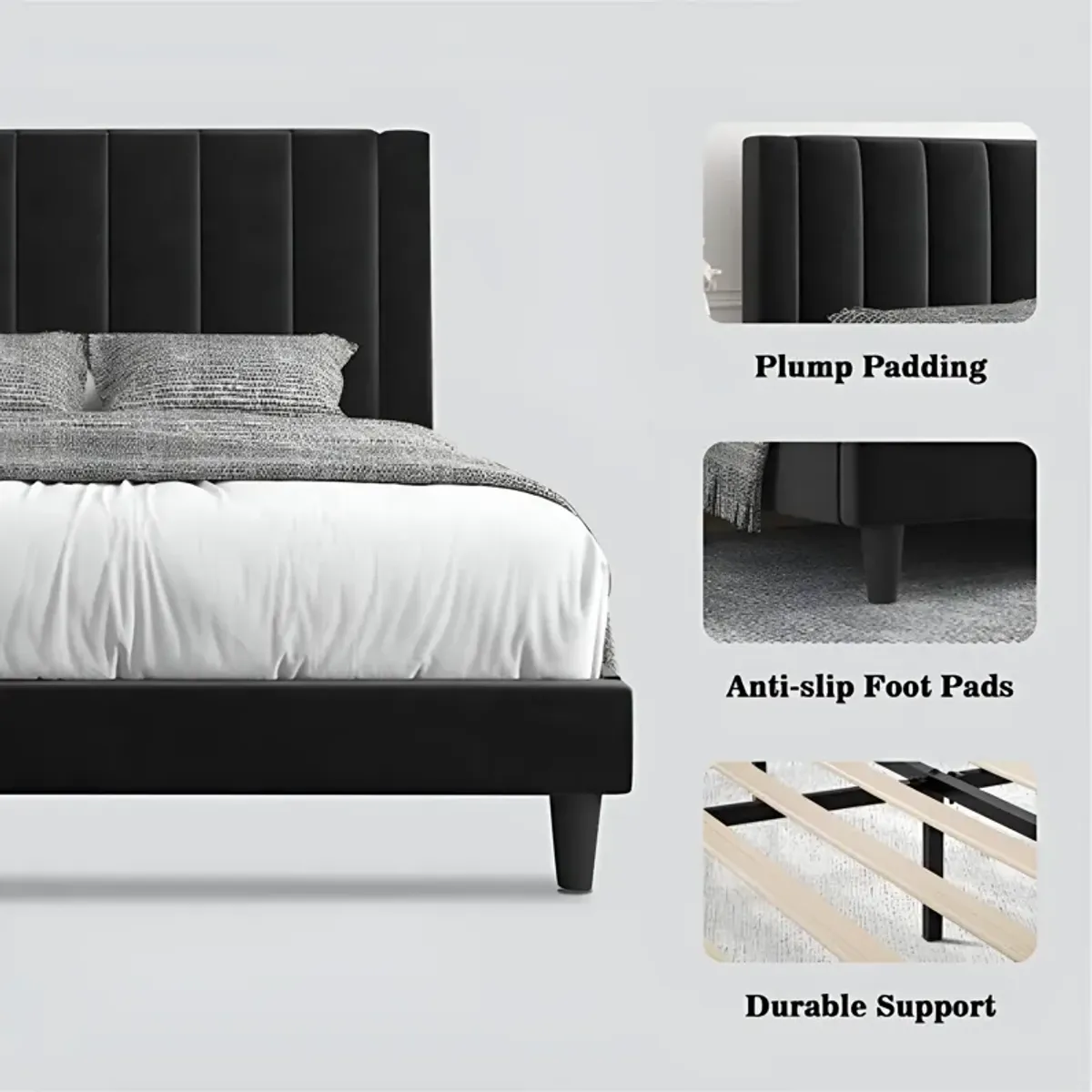 Velvet Upholstered Platform Bed with Headboard Stylish and Durable Design