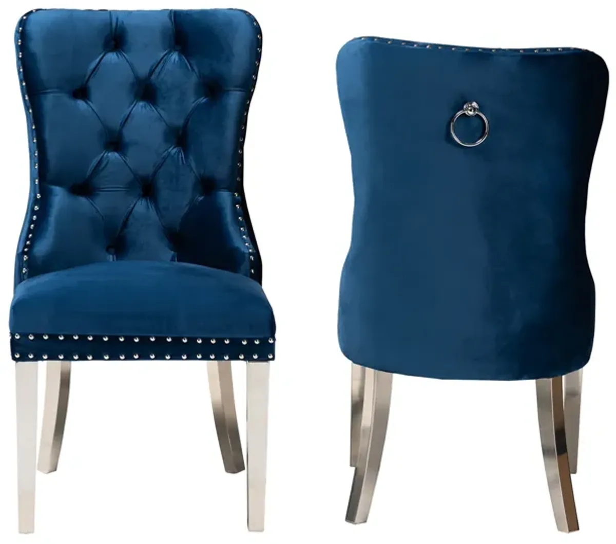 Baxton Studio Honora Contemporary Glam and Luxe Navy Blue Velvet Fabric and Silver Metal 2-Piece Dining Chair Set