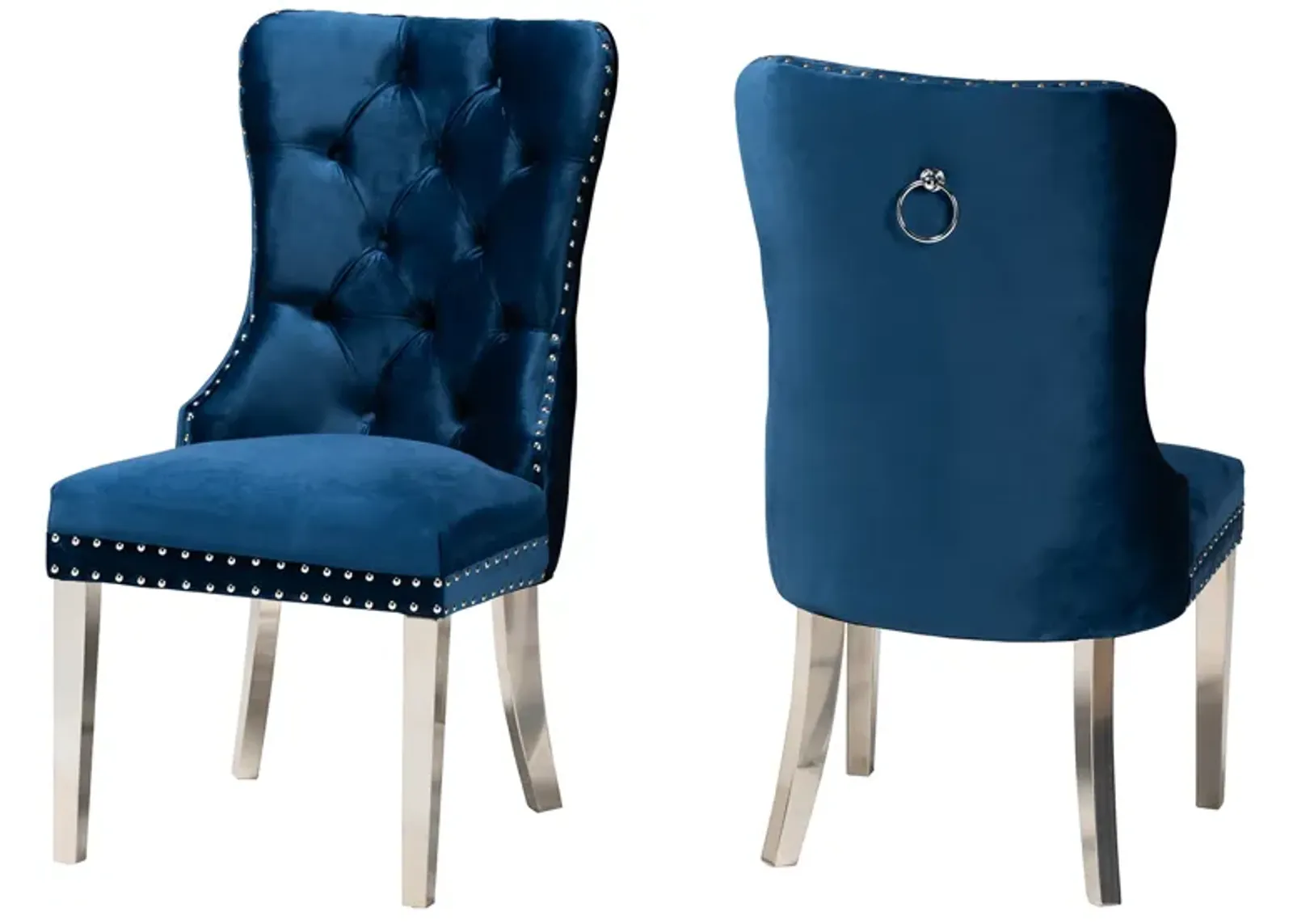 Baxton Studio Honora Contemporary Glam and Luxe Navy Blue Velvet Fabric and Silver Metal 2-Piece Dining Chair Set