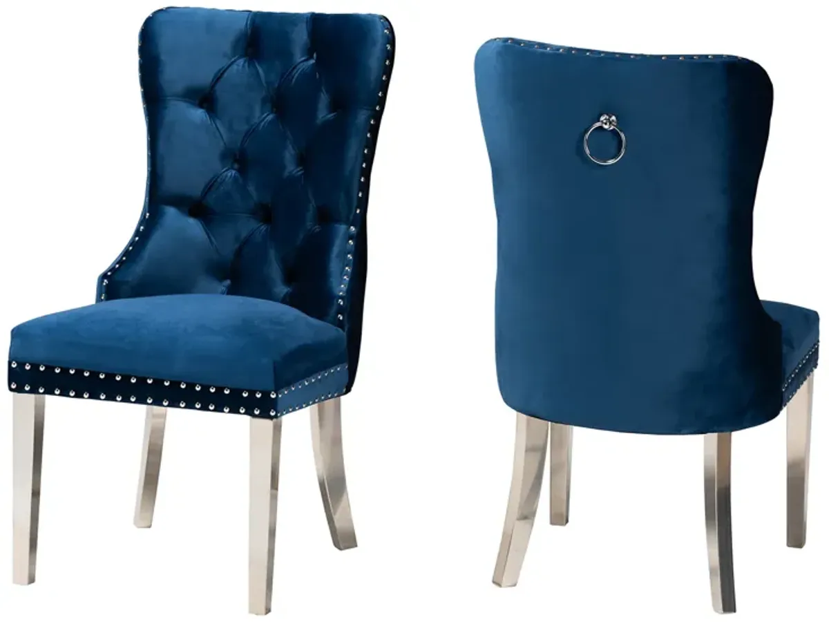 Baxton Studio Honora Contemporary Glam and Luxe Navy Blue Velvet Fabric and Silver Metal 2-Piece Dining Chair Set