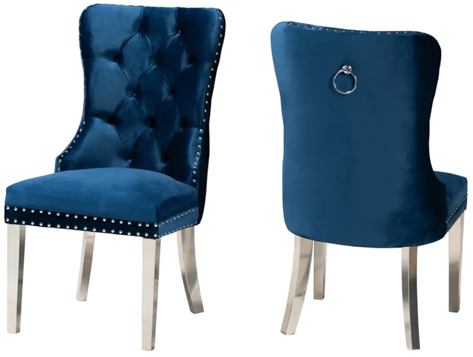 Baxton Studio Honora Navy Blue Velvet Fabric and Silver Metal 2-Piece Dining Chair Set