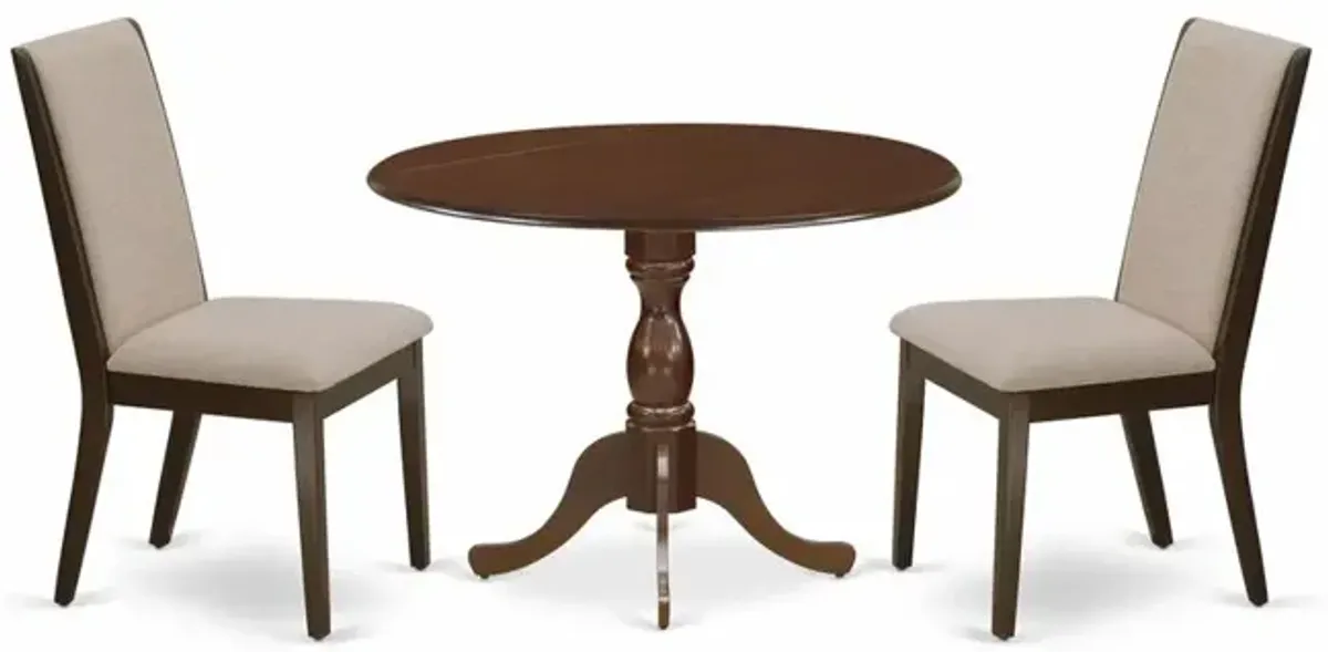 East West Furniture DMLA3-MAH-04 3 Piece Dining Set - Mahogany Breakfast Table and 2 Light Tan Linen Fabric Mid Century Dining Chairs with High Back - Mahogany Finish