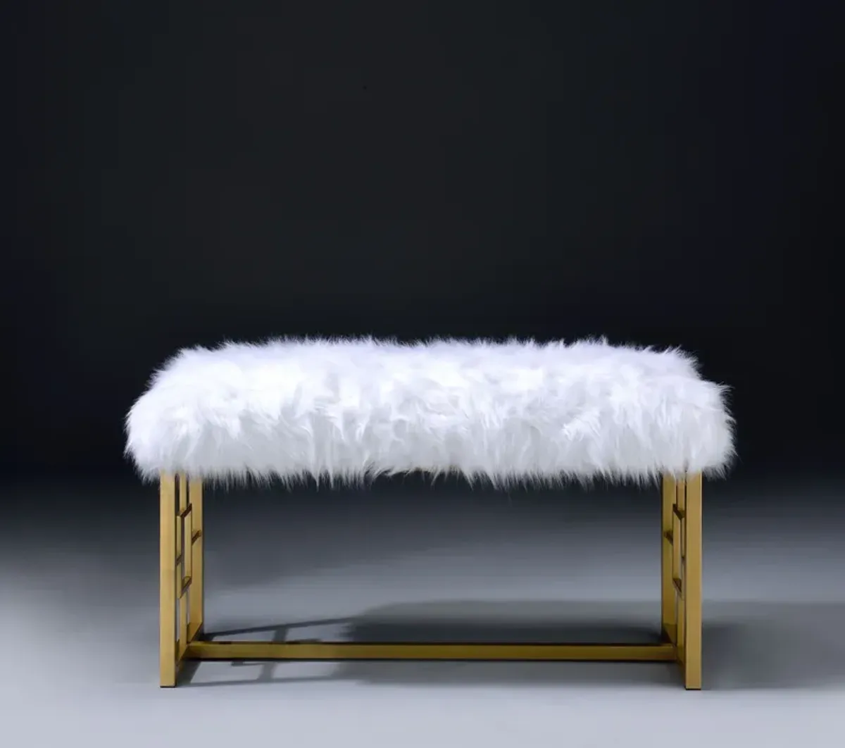 Modern Style Faux Fur Upholstered Bench with Geometrical Side Panels, White and Gold-Benzara