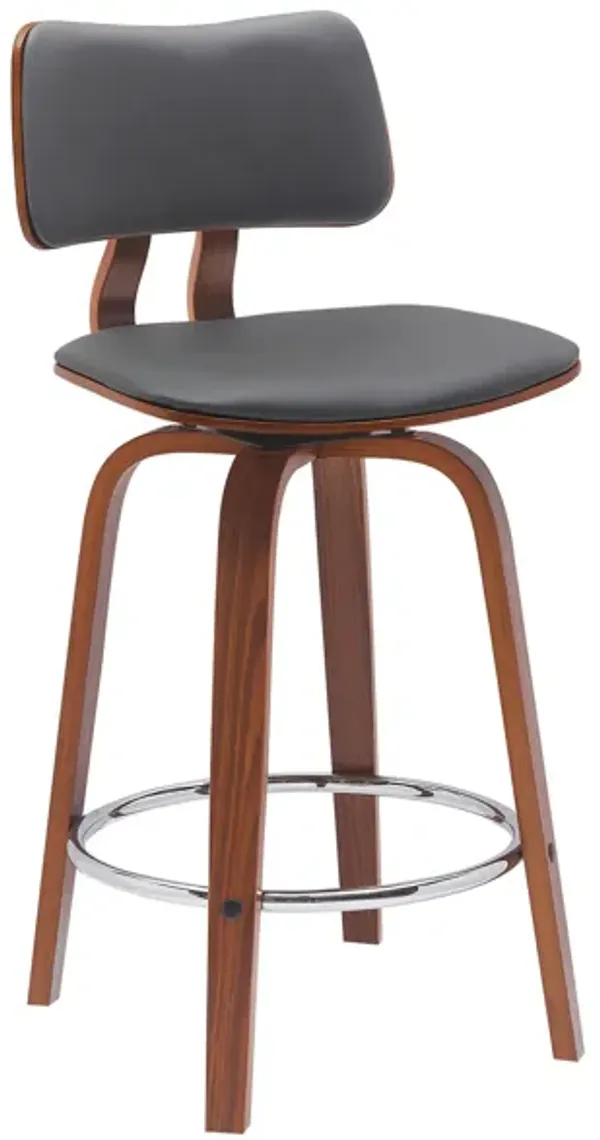 Pino 26 Inch Swivel Counter Stool Chair, Gray Faux Leather, Walnut Brown - Benzara