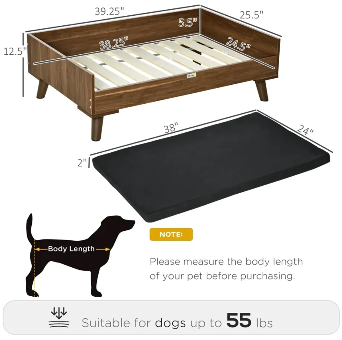 Brown/Black Pet Comfort: Elevated Wooden Dog Bed with Cushion