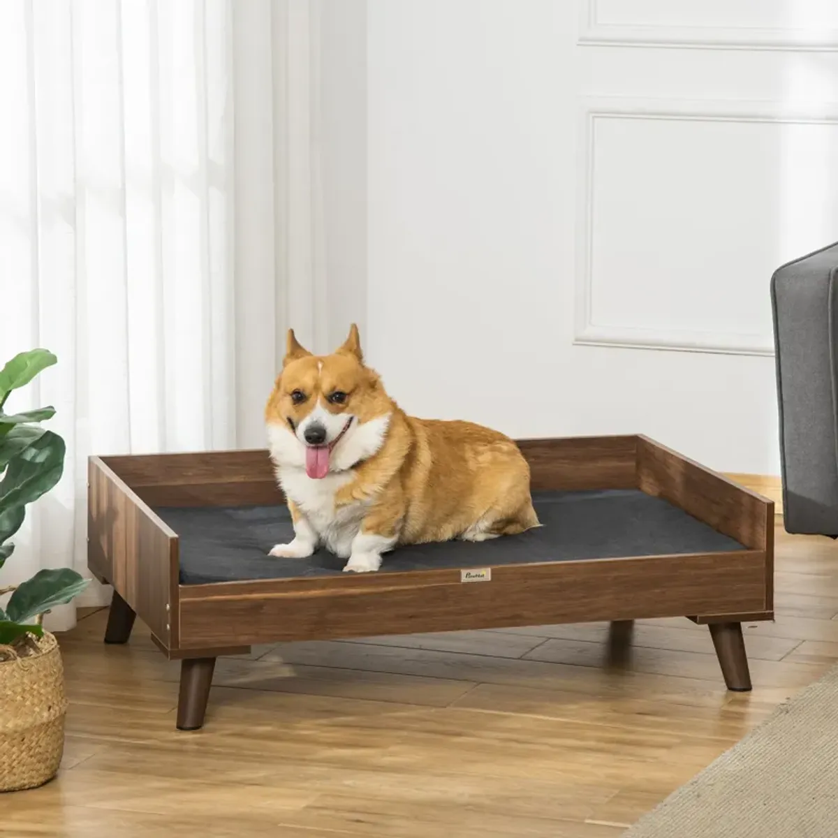 Brown/Black Pet Comfort: Elevated Wooden Dog Bed with Cushion