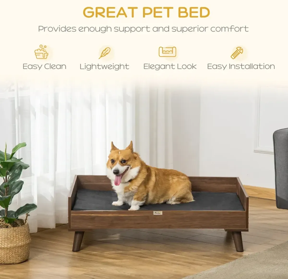 Brown/Black Pet Comfort: Elevated Wooden Dog Bed with Cushion