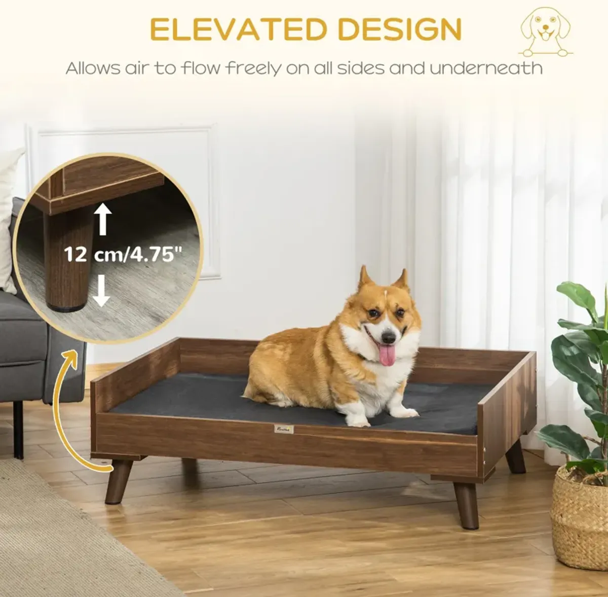 Brown/Black Pet Comfort: Elevated Wooden Dog Bed with Cushion