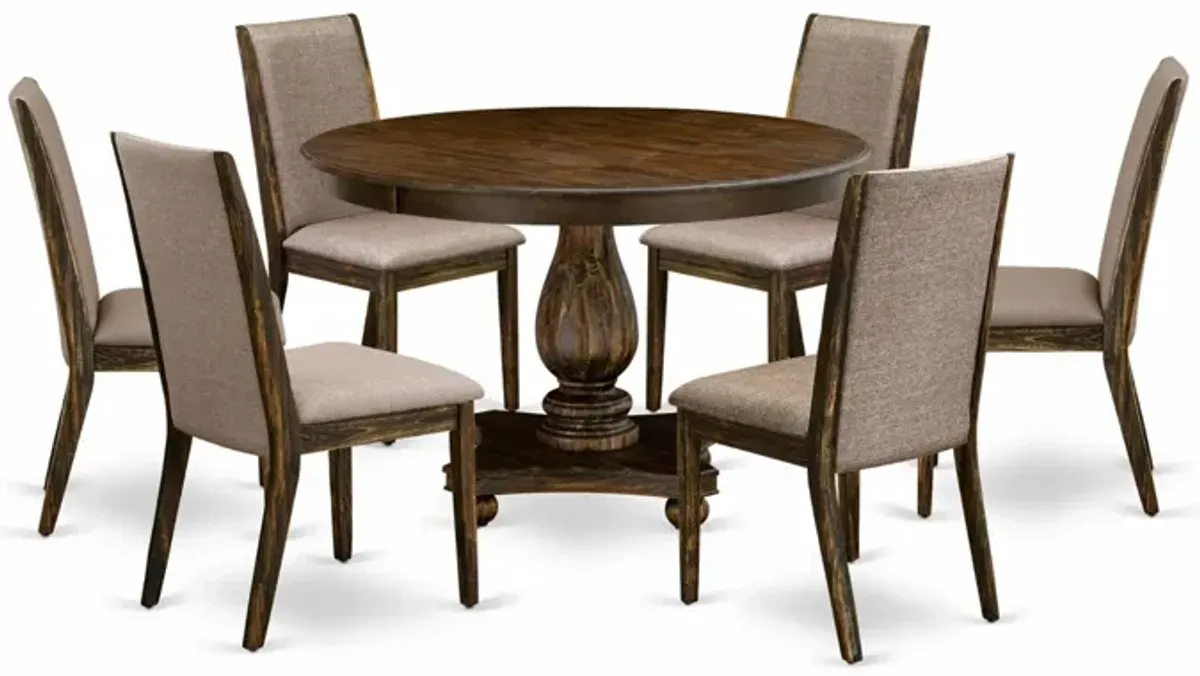 East West Furniture F2LA7-716 7Pc Dining Set - Round Table and 6 Parson Chairs - Distressed Jacobean Color