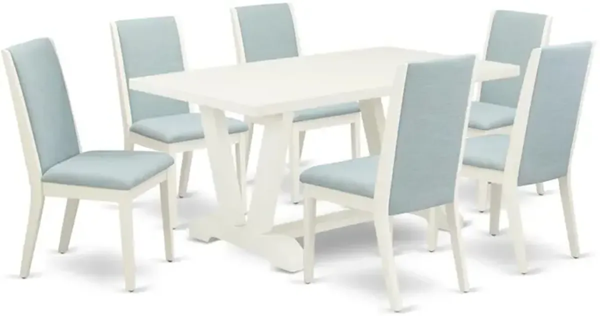 East West Furniture V026LA015-7 7Pc Wood Dining Table Set Contains a Wood Table and 6 Parsons Dining Room Chairs with Baby Blue Color Linen Fabric, Medium Size Table with Full Back Chairs, Wirebrushed