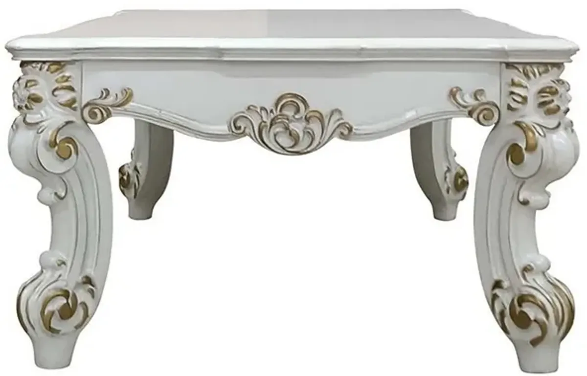 Benjara Jess 53 Inch Coffee Table, Traditional Scrolled Legs, Brushed, White and Gold