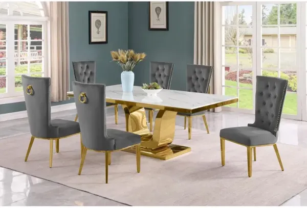 7pc Large(76") marble top dining set with gold base and 6 Dark grey side chairs