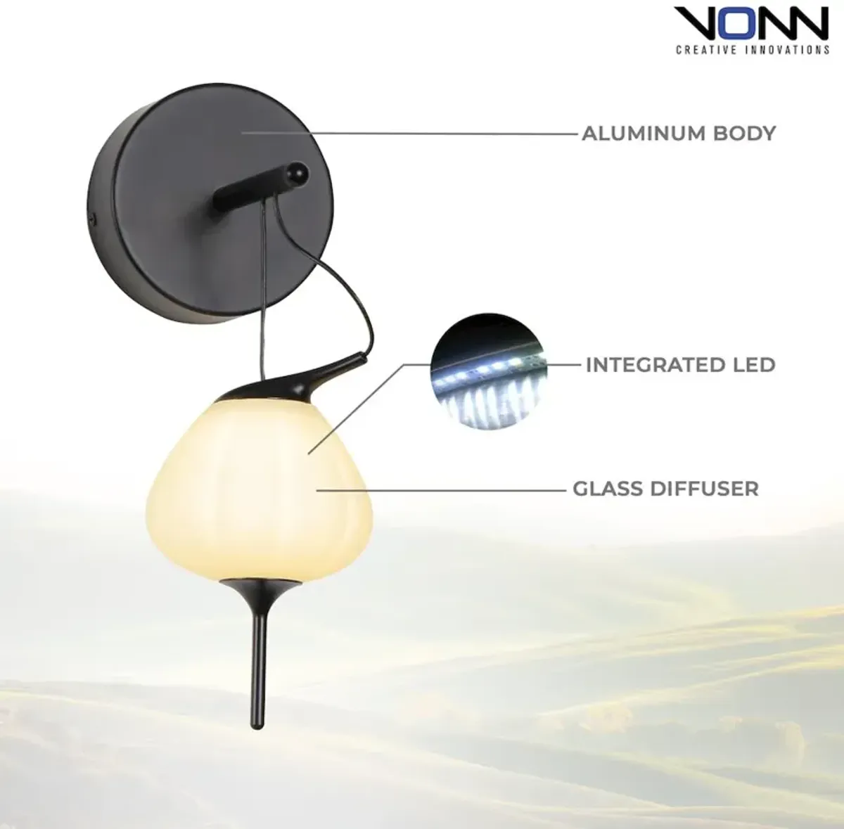 VONN Lighting Integrated LED Wall Sconce Light with Glass Shade in Black