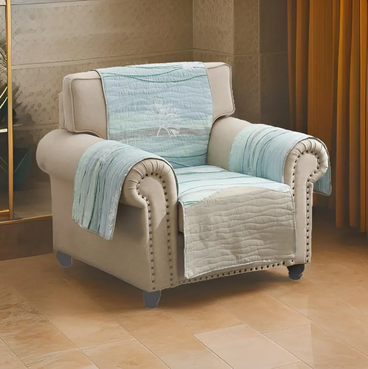 Niha 81 Inch Armchair Cover with Ocean Wave Print and Quilting, Multicolor - Benzara