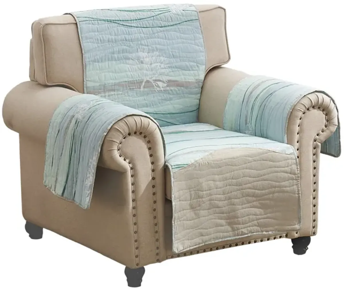 Niha 81 Inch Armchair Cover with Ocean Wave Print and Quilting, Multicolor - Benzara